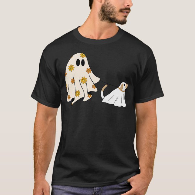 Funny Ghost Walking Dog Spooky Season Halloween Fl T Shirt (Framsida)