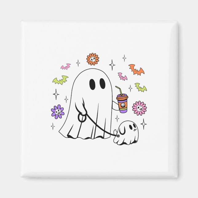 Funny Ghost Walking Hund Spooky Ghost Coffee Hallo Magnet (Framsidan)