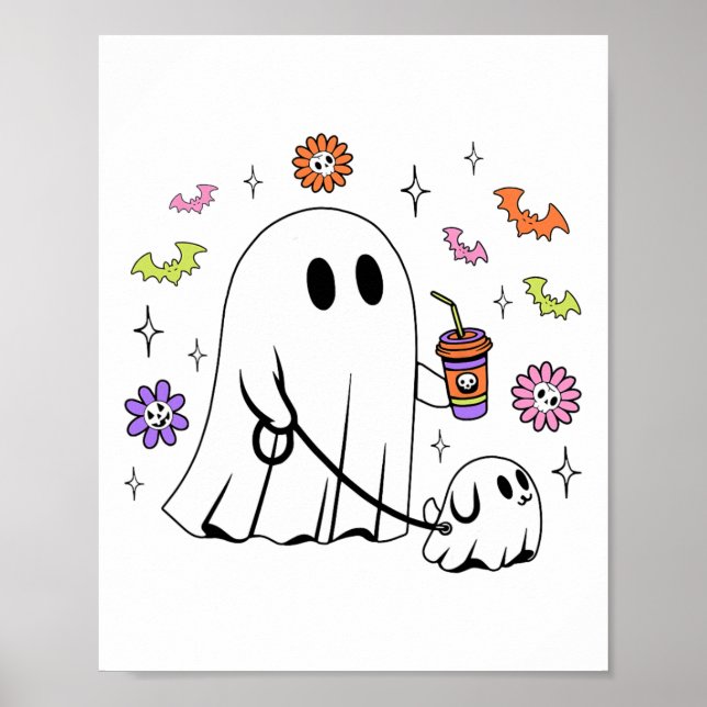 Funny Ghost Walking Hund Spooky Ghost Coffee Hallo Poster (Framsidan)