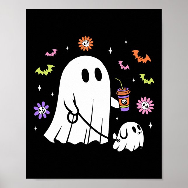 Funny Ghost Walking Hund Spooky Ghost Coffee Hallo Poster (Framsidan)