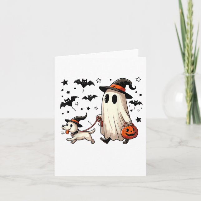 Funny Ghost Walking Hund Spooky Season Halloween C Kort (Framsida)