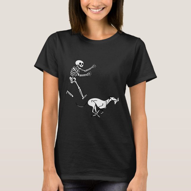 Funny Ghound Running Skeleton Halloween T Shirt (Framsida)