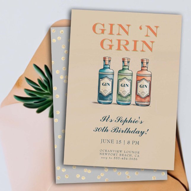 Funny Gin i Flin Humous Elegant 30års födelsedag Inbjudningar (funny 30th birthday invitation women cocktails party gin n grin hilarious theme watercolor art )