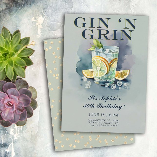 Funny Gin i Flina Cocktail Party 30års födelsedag Inbjudningar (30th birthday invitation for women funny gin grin cocktails party watercolor hilarious unique)