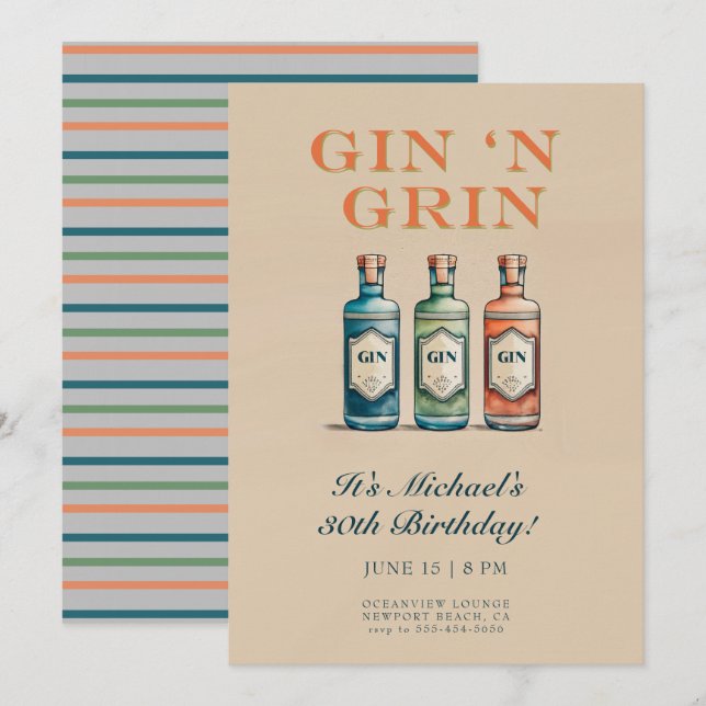 Funny Gin på Flina Flaska Humous Manar 30års födel Inbjudningar (Fram/baksida)