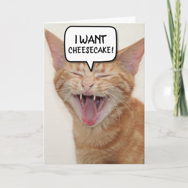 FUNNY GINGER CAT BIRTHDAY CARD I WANT CHEESECAKE! TACK KORT (Framsida)