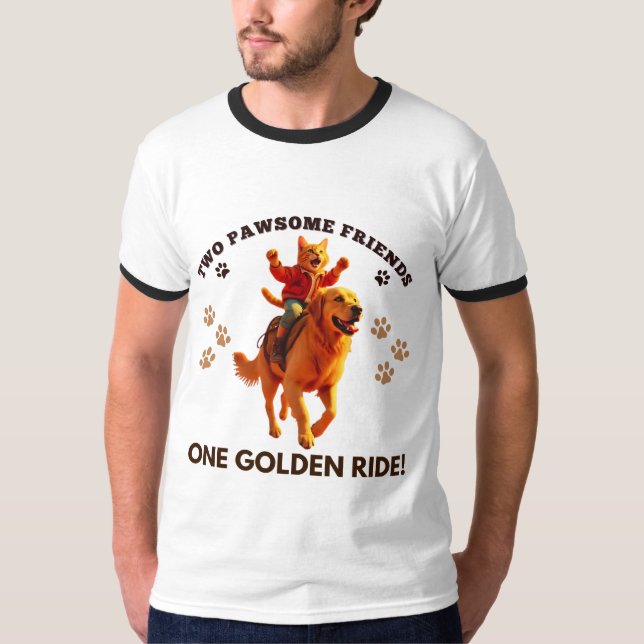 Funny Ginger Cat Riding Golden Retriever_Realistic T Shirt (Framsida)