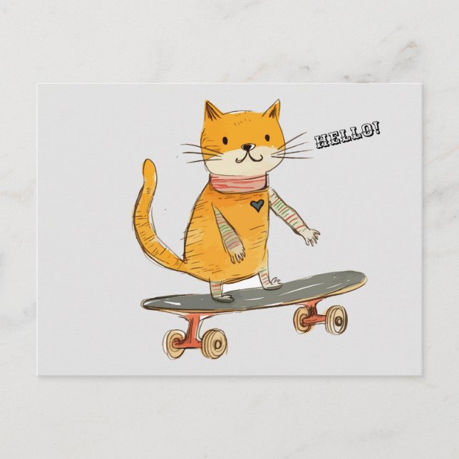 Funny Ginger Cat Skateboarding vykort (Framsida)