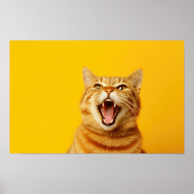 Funny Ginger Cat Yawning på Bright Gult Backgrou Poster (Framsidan)