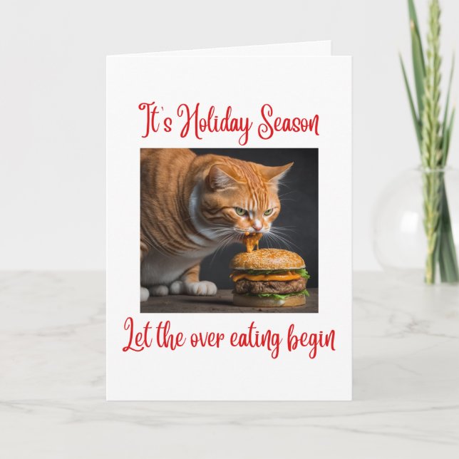 Funny Ginger Tjock Cat Eating Burger jul Kort (Framsida)