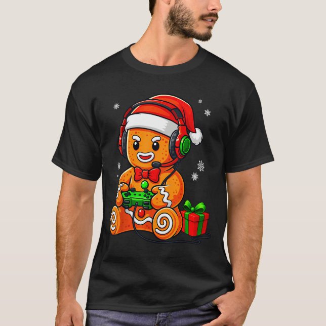 Funny Gingerbread Gaming Pjs Pajamas Christmas Xma T Shirt (Framsida)