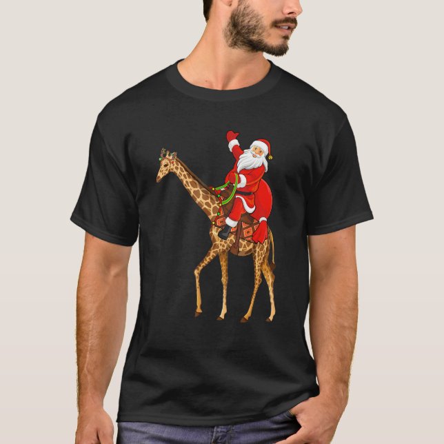 Funny Giraffe Älskare Santa Riding Giraffe jul T Shirt (Framsida)