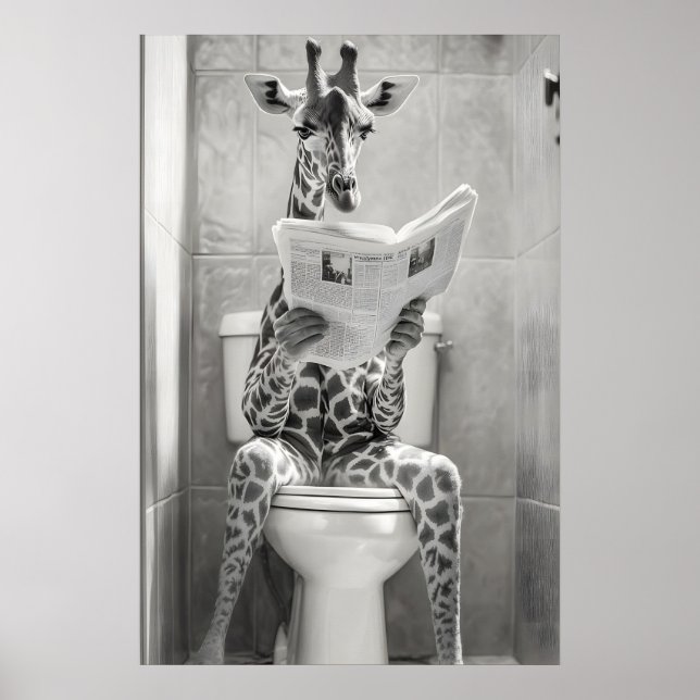 Funny Giraffe Bathroom Print, Reading Newspaper Poster (Framsidan)