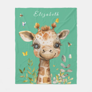 Funny Giraffe Big Ögon Butterflies Bees Fleecefilt