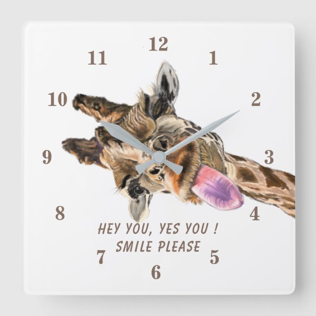 Funny Giraffe Clock Smile - Anpassningsbar Text Fyrkantig Klocka (Framsida)
