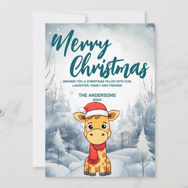 Funny Giraffe God jul träd snö Julfest Julkort (Framsida)
