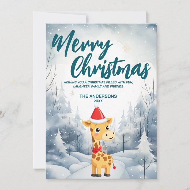 Funny Giraffe God jul träd snö Julfest Julkort (Framsida)