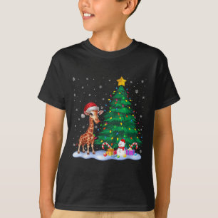 Funny Giraffe Julafton Träd Ljus Reindeer Hat Kris T Shirt