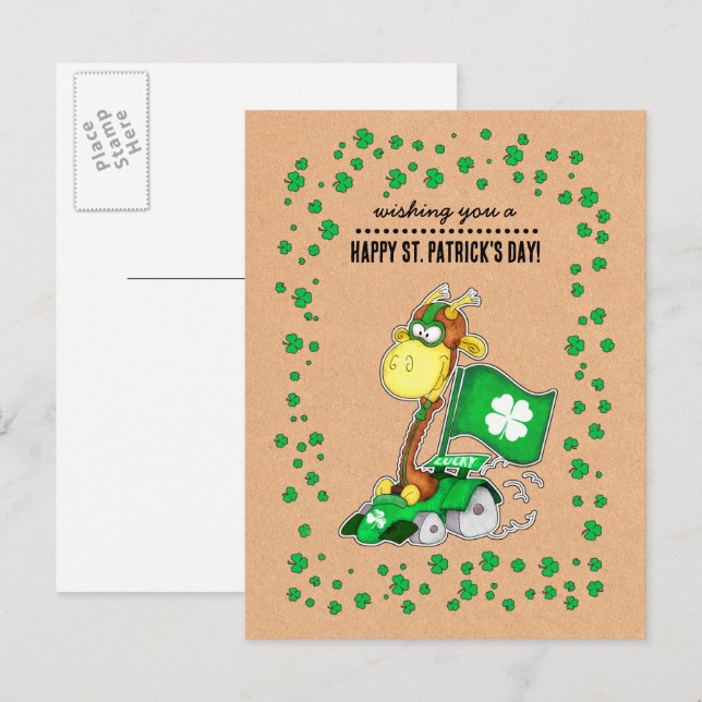 Funny Giraffe Kraft Papper St. Patrick's Day Vykort (Fram/baksida)