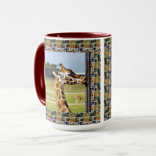 Funny Giraffe med Giraffe Photo Collage Edging, Mugg (Framsida vänster)