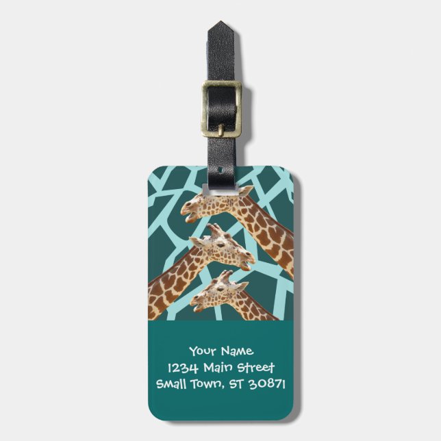 Funny Giraffe Print Teal Blue Vild Animal Mönster Bagagebricka (Vertikal Framsida)