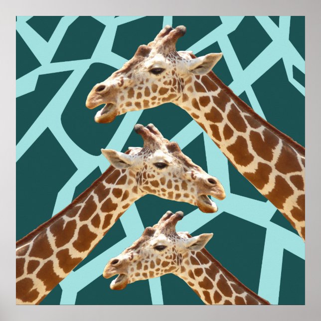 Funny Giraffe Print Teal Blue Vild Animal Mönster Poster (Framsidan)