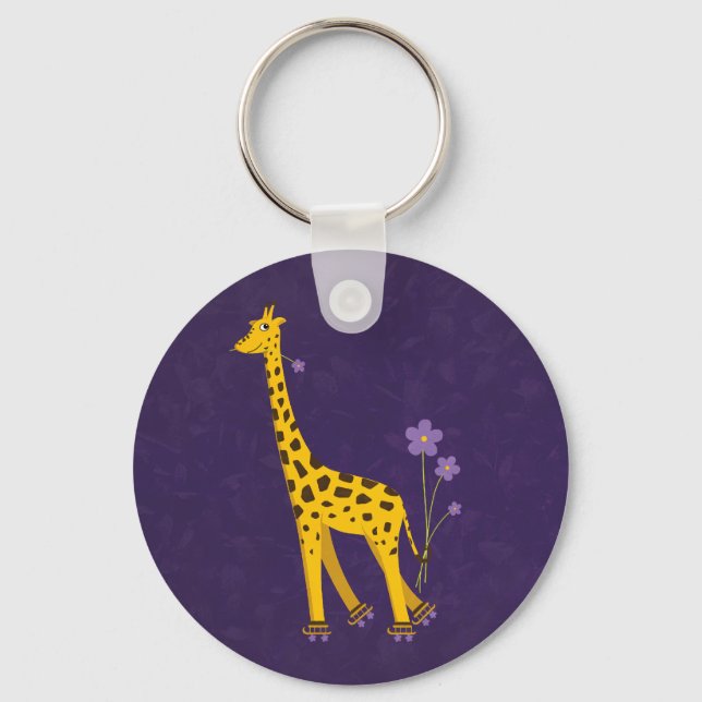 Funny Giraffe Roller Skating Lila Keychain Nyckelring (Framsida)