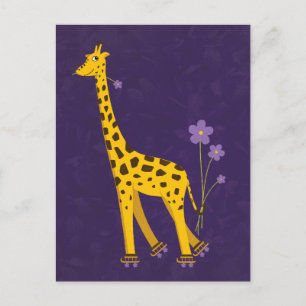 Funny Giraffe Roller Skating Lila Postcard Vykort
