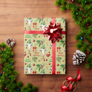 Funny Giraffe Santa Hat Holly Guld Wrapping Papper Presentpapper