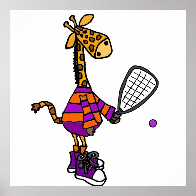 Funny Giraffe spelar Racquetball Tecknad Poster (Framsidan)