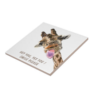 Funny Giraffe Tunga Out and Playful Wink - Smile Kakelplatta