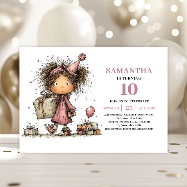 Funny Girl 10-års inbjudan Dammrosa (Funny Girl 10th Birthday Invitation Dusty Pink)