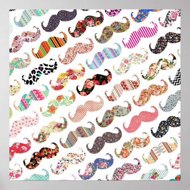 Funny Girly Colorful Mönster Mustacher Poster (Framsidan)