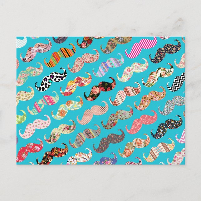 Funny Girly Turcouise Blommigt Aztec Mustacher Vykort (Framsida)