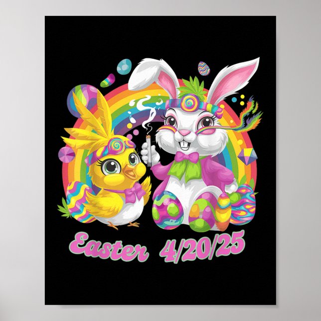 Funny Glad påsk Bunny Chick Rökning Ogräs Poster (Framsidan)