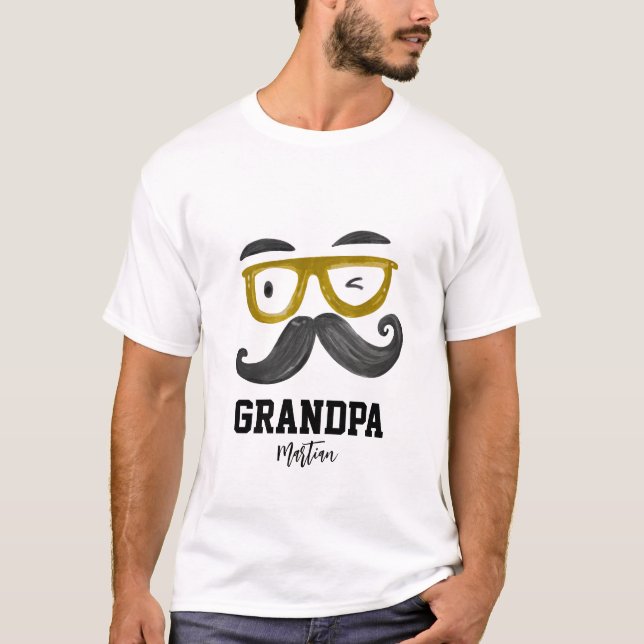 Funny Glass & Mustache Grandpa Anpassningsbar T Shirt (Framsida)