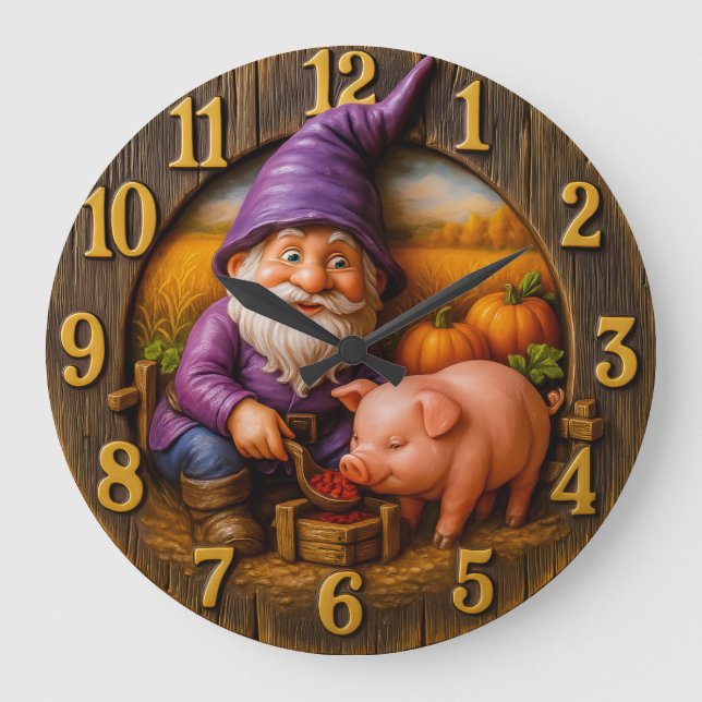 Funny Gnome and Pig in Autumn Harvest Scene clock Stor Klocka (Framsida)