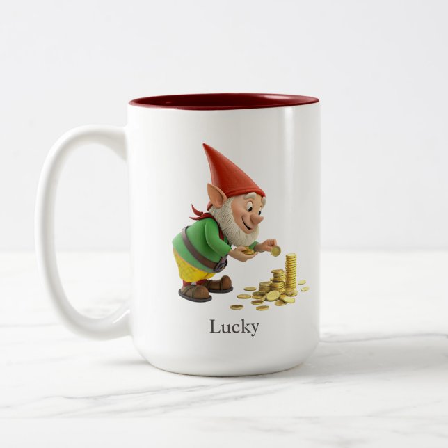 Funny Gnome, Gold Coins, Calligraphy & Monogram Två-Tonad Mugg (Vänster)