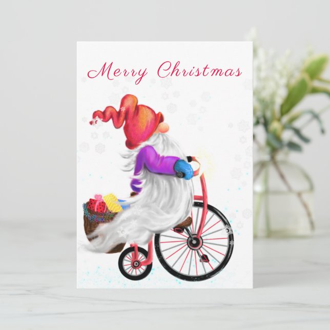 Funny Gnome med Bike and Gifts - God jul (Stående Fram)