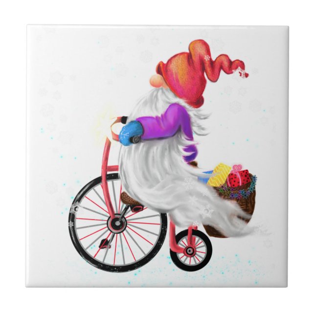 Funny Gnome med Bike and Gifts - God jul Kakelplatta (Framsidan)