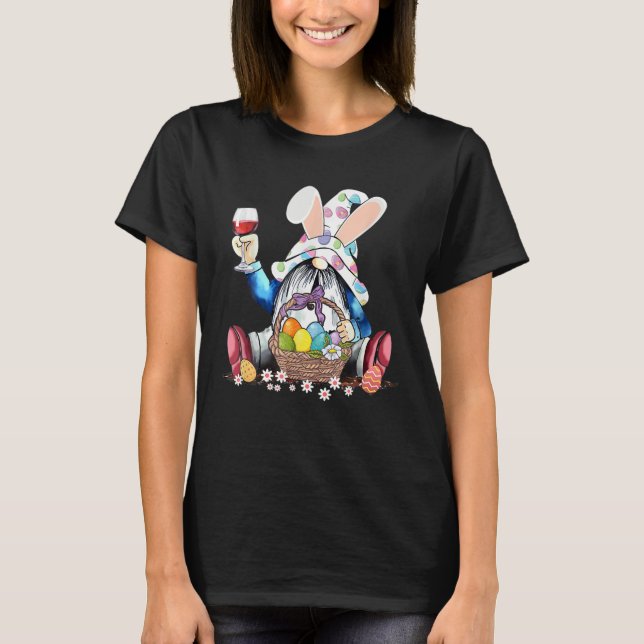 Funny Gnome Påsk Hippie Egg Drinking Vin Älskare T Shirt (Framsida)