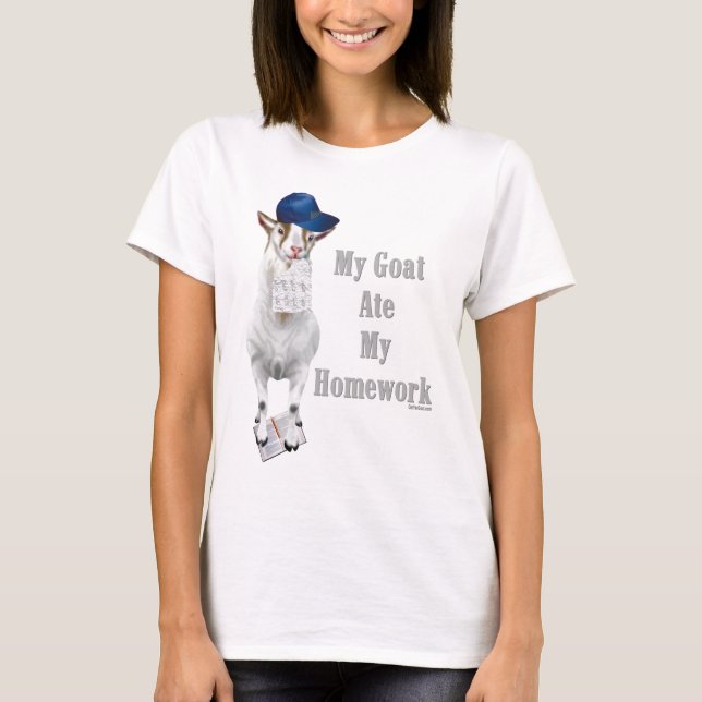 Funny Goat Ate Min hemläxa T Shirt (Framsida)