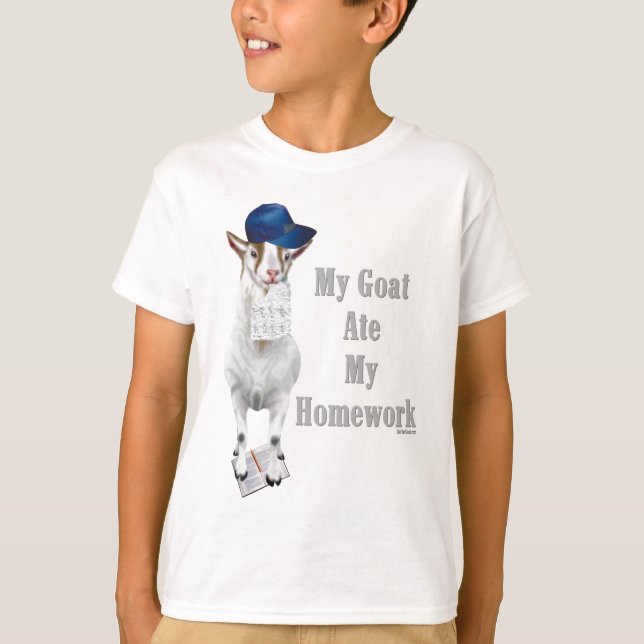 Funny Goat Ate Min hemläxa Tee Shirt (Framsida)