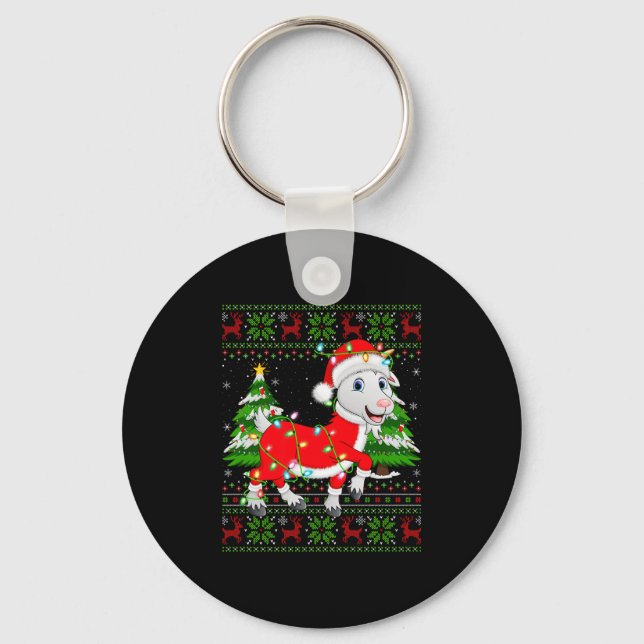 Funny Goat Christmas Lights Santa Costume Ugly Xma Nyckelring (Framsida)