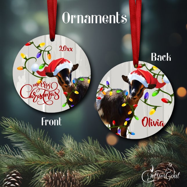 Funny Goat Tangled i jul Ljus Ornament (Funny silly goat in a Santa hat  tangled in the Christmas lights -  personalize this - #zazzlemade )