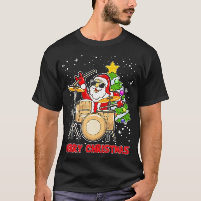 Funny God jul Drum och Santa Drummer T Shirt (Framsida)