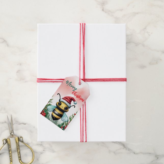 Funny God jul-krans Cute BEE Kryp Santa Presentetikett (Med Snöre)