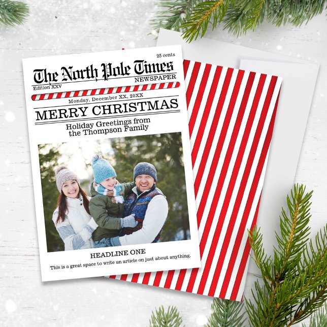 Funny God jul One Photo North Pole News Julkort (Christmas whimsical cute photo card with a fun Newspaper Style.)