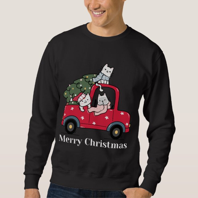 Funny God jul Red Lastbil Cat Lång Ärmad Tröja (Framsida)
