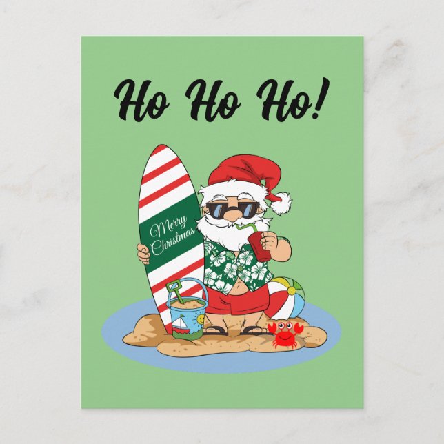 Funny God jul Santa på Surfan Sommar Beach Vykort (Framsida)